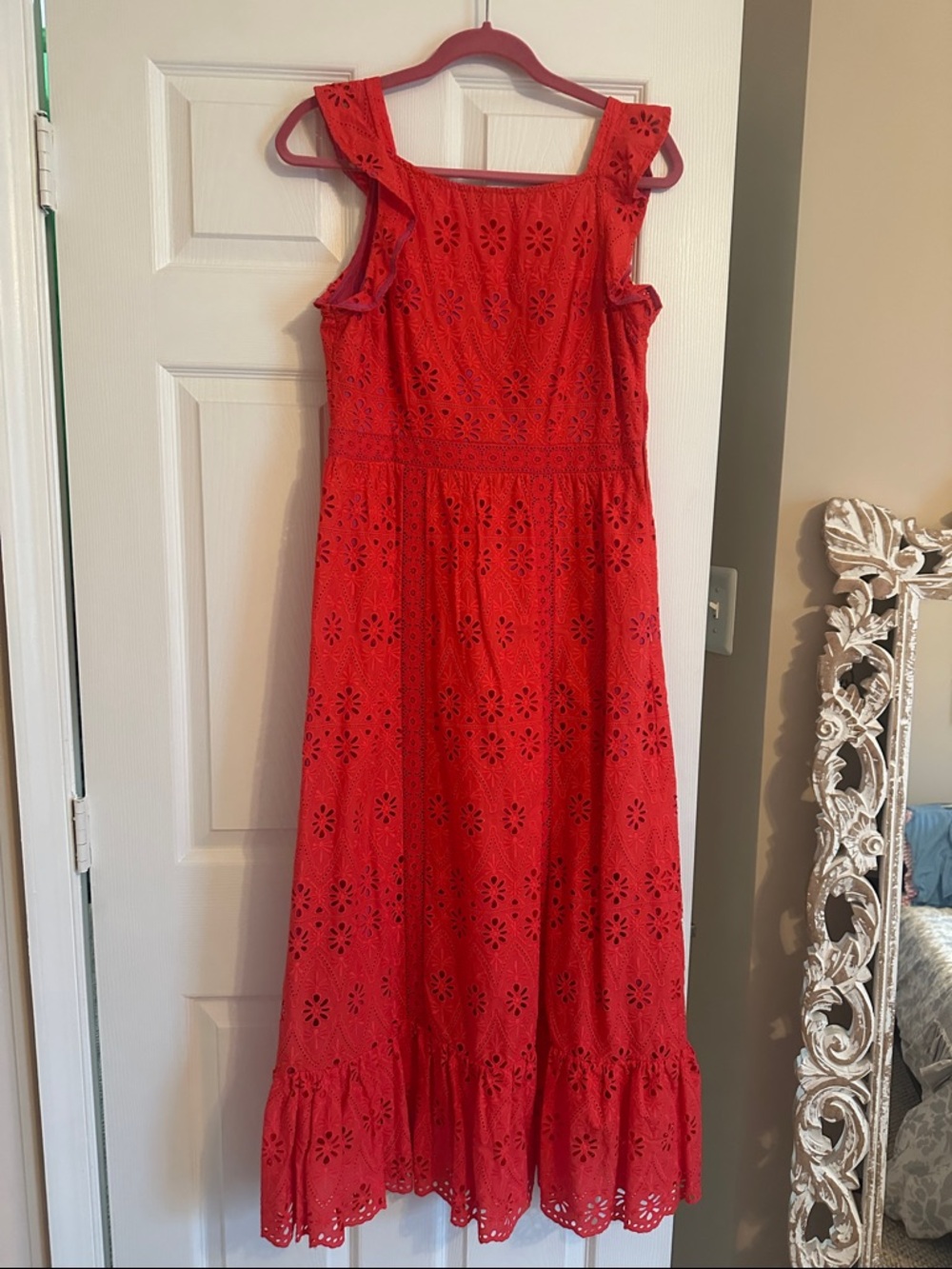Vineyard Vines Red Eyelet Maxi Dress with Ruffle Hem